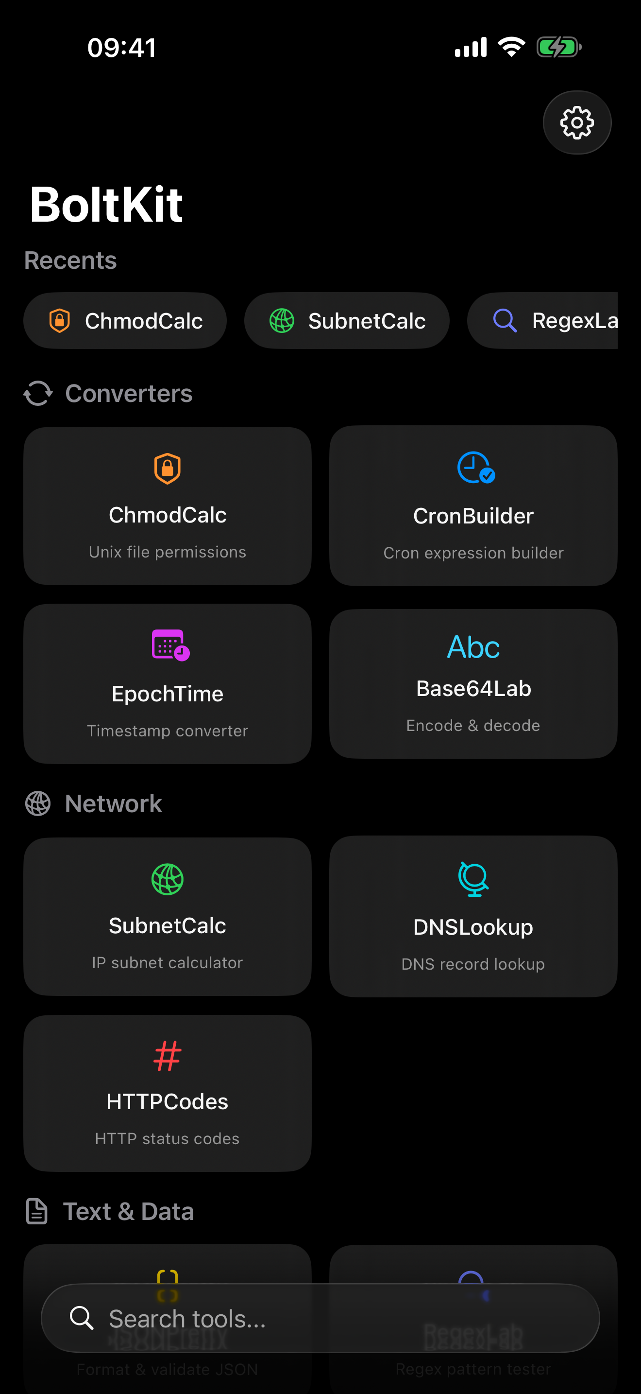 BoltKit Home — 10 developer tools at a glance